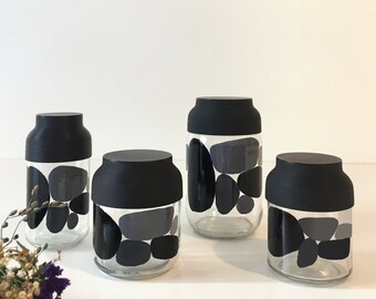 Decorative pots for bathroom with lid, glass jars and 3D printing, black and gray pots, 4 different formats
