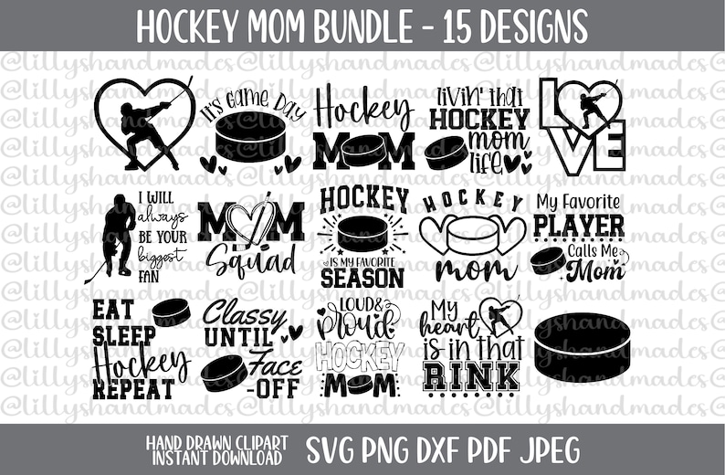 Pu&ograve; includere: Un pacchetto di 15 design digitali in bianco e nero a tema mamma di hockey. Le grafiche presentano dischi da hockey, cuori e testo come "Mamma di hockey", "&Egrave; il giorno della partita", "La mia stagione preferita", "Mamma di hockey forte e orgogliosa" e "Il mio cuore &egrave; in quella pista".