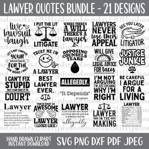 Könnte beinhalten: Ein Schwarzweiß-Clipart-Paket mit 21 Anwaltszitaten zum digitalen Download. Die Zitate sind lustig und beinhalten Sätze wie "Ich habe das Feuer zum Prozess gemacht", "Wo ein Wille ist, ist auch ein Anwalt", "Anwälte verlieren nie ihren Einspruch", "Bis später, Anwalt", "Verwechseln Sie Ihre Internet-Suche nicht mit dem Jura-Abschluss, den ich habe", "Vertrauen Sie mir, ich bin Anwalt", "Tränen der gegnerischen Anwälte", "Ich gebe Rechtsberatung für Tacos", "Justiz-Junkie", "Ich kann Dummheit nicht reparieren, aber ich kann sie vor Gericht bringen", "Bester Anwalt aller Zeiten", "Angeblich", "Ich streite nicht, ich erkläre nur, warum ich Recht habe", "Seien Sie vorsichtig, ich argumentiere für ein Leben", "So sieht ein großartiger Anwalt aus", "Anwalt ein bisschen verrückt, ein bisschen laut und eine Menge Behauptungen", "Anwalt in der Mache", und "Anwalt Portionsgröße: 1 Tasse".