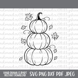 May include: Black and white line art of three stacked pumpkins with a curly vine and falling leaves. The image includes the text "HAND DRAWN CLIPART INSTANT DOWNLOAD SVG PNG DXF PDF JPEG".
