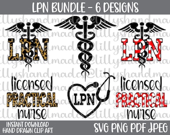 Könnte beinhalten: Ein Satz von sechs digitalen Designs mit der Abkürzung "LPN" für staatlich geprüfte Pflegekraft. Die Designs beinhalten ein Herz mit einem Stethoskop, einen Caduceus und die Worte "Staatlich geprüfte Pflegekraft" in verschiedenen Schriftarten und Mustern. Die Designs sind in den Formaten SVG, PNG, PDF und JPEG verfügbar.
