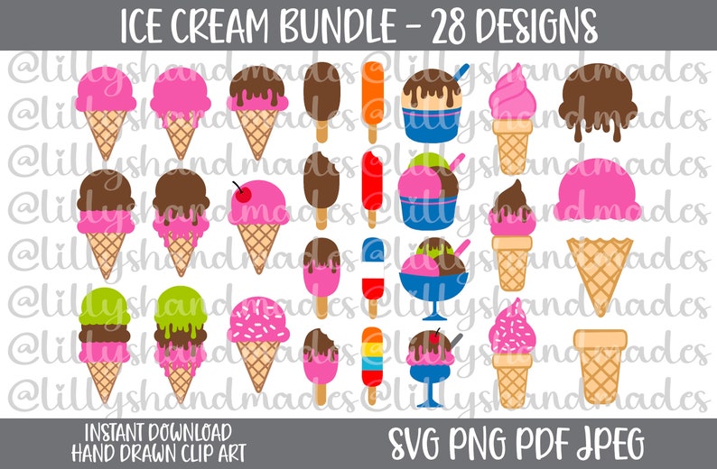K&ouml;nnte beinhalten: Ein Set mit 28 handgezeichneten Clipart-Designs von Eiscreme in den Formaten SVG, PNG, PDF und JPEG. Die Designs umfassen verschiedene Eiswaffeln, Becher und Eis am Stiel in verschiedenen Farben und Geschmacksrichtungen.