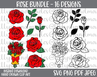 Rose Svg Bundle, Rose Clipart, Rose Vector, Rose Outline, Roses Svg, Rose Png, Rose Flower Svg, Red Rose Clipart, Red Rose Png