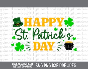 May include: Green shamrock, leprechaun hat, and pot of gold graphic with the text "Happy St. Patrick's Day" in yellow and green.