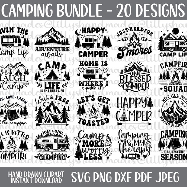 Paquete de SVG para acampar, SVG divertidos para acampar, SVG de campista feliz, SVG de equipo de campamento, SVG de vida de campamento, SVG de campamento familiar, Paquete de SVG de campamento, SVG de fogata