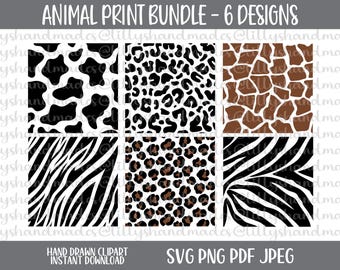 Animal Print SVG Bundle, Cheetah, Leopard, Cow, Tiger, Zebra, Giraffe PNG