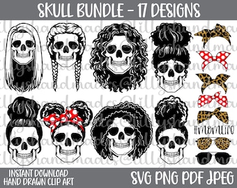 Mom Life Skull Svg, Girl Skull Svg, Messy Bun Svg, Cute Skull Svg, Afro Woman Svg, Skull Png, Skull Clipart