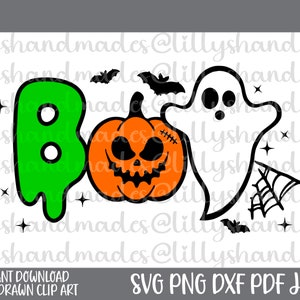 May include: A Halloween-themed graphic with the word "BOO" in green and black, featuring a jack-o'-lantern and a ghost. Includes bats, stars, and a spiderweb. The image also contains the text "INSTANT DOWNLOAD HAND DRAWN CLIP ART SVG PNG DXF PDF JPEG".