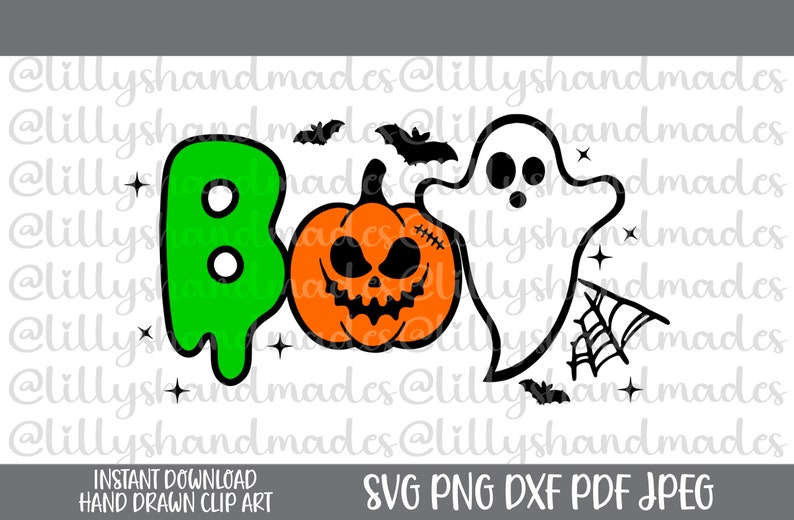 May include: A Halloween-themed graphic with the word "BOO" in green and black, featuring a jack-o'-lantern and a ghost. Includes bats, stars, and a spiderweb. The image also contains the text "INSTANT DOWNLOAD HAND DRAWN CLIP ART SVG PNG DXF PDF JPEG".