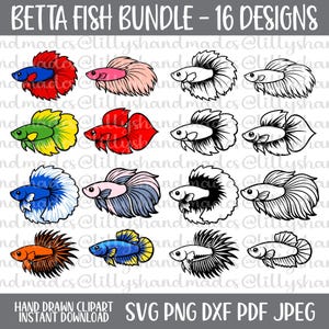 Pode incluir: Uma coleção de 16 designs de peixes Betta em várias cores e estilos. A imagem inclui ilustrações coloridas e desenhos de linha em preto e branco. O texto na parte superior diz "BETTA FISH BUNDLE - 16 DESIGNS". Abaixo, o texto diz "HAND DRAWN CLIPART INSTANT DOWNLOAD SVG PNG DXF PDF JPEG".