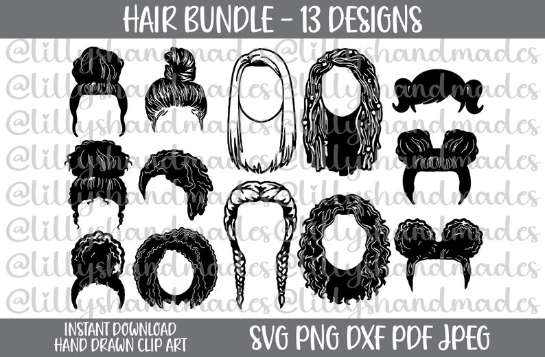 May include: A set of 13 black and white digital hair clip art designs. The designs include various hairstyles, such as buns, braids, and curly hair.