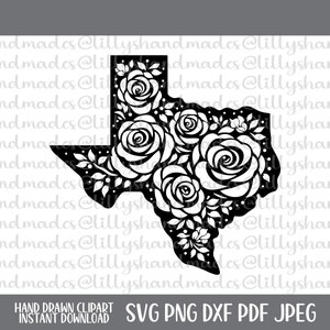 Op de afbeelding: Zwarte en witte silhouet van de staat Texas met een bloemmotief van rozen en bladeren. Het ontwerp is perfect voor knutselprojecten, zoals vinyl stickers, strijktransfers en meer.