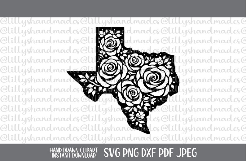 Op de afbeelding: Zwarte en witte silhouet van de staat Texas met een bloemmotief van rozen en bladeren. Het ontwerp is perfect voor knutselprojecten, zoals vinyl stickers, strijktransfers en meer.