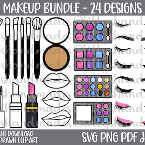 Puede incluir: Un conjunto de 24 diseños de clipart con temática de maquillaje, que incluyen pinceles, barras de labios, paletas de sombras de ojos y pestañas. Los diseños son en blanco y negro con algunos acentos de color.