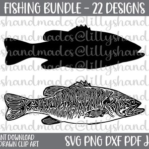May include: A fishing bundle graphic with two fish designs. One is a solid black silhouette, and the other is a detailed black and white illustration. Text at the top reads "FISHING BUNDLE - 22 DESIGNS". Includes "SVG PNG DXF PDF JPEG" file formats.