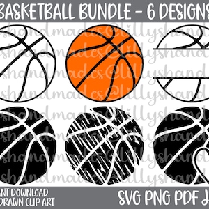 May include: Six different designs of basketballs. The basketballs are in black and white, orange and white, and black with a white heart. The text 