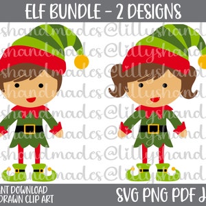 Puede incluir: Dos diseños de elfos de dibujos animados. Cada elfo tiene cabello castaño, un sombrero rojo y verde y un atuendo verde con un cinturón negro. La imagen incluye el texto "ELF BUNDLE - 2 DESIGNS" y "INSTANT DOWNLOAD HAND DRAWN CLIP ART SVG PNG PDF JPEG".