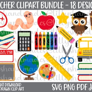 Lehrer Clipart, Schul Clipart, Lehrer-Svg-Bundle, Bleistift-Svg, Schulbus-Svg, Buntstift-Svg, Lineal Svg, Stapel Bücher Svg, Namensschild-Svg