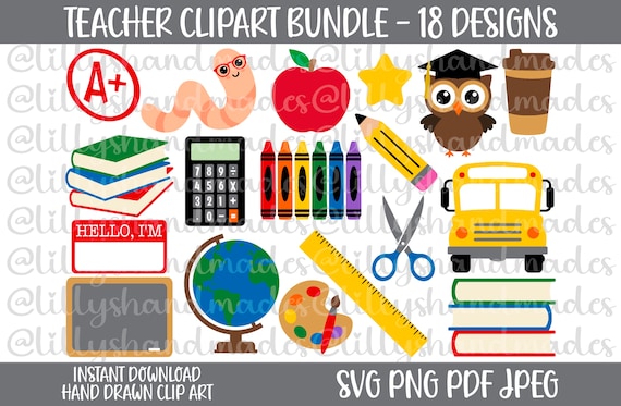 Teacher Clipart, Teacher Svg Bundle, School Bus Svg, Stack of Books Svg, Crayon Svg, Ruler Svg, Pencil Svg, Pencil Png, Book Worm Svg