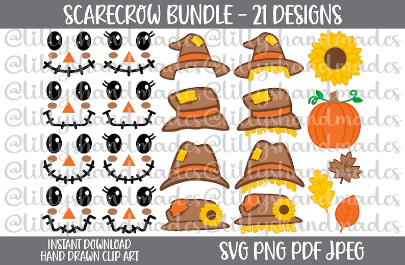 May include: A digital graphic bundle titled SCARECROW BUNDLE - 21 DESIGNS featuring various scarecrow faces with black eyes and stitched mouths, brown hats with patches, a sunflower, a pumpkin, and autumn leaves in orange, yellow, and brown.