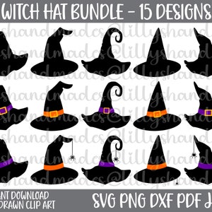 May include: A set of 15 witch hat designs in black with various embellishments, including purple and orange bands, buckles, and spider accents. The text "WITCH HAT BUNDLE - 15 DESIGNS" is at the top of the image. The text "INSTANT DOWNLOAD HAND DRAWN CLIP ART" is at the bottom left of the image. The text "SVG PNG DXF PDF JPEG" is at the bottom right of the image.