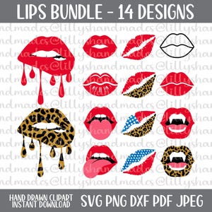 May include: A set of 14 digital clip art designs featuring various styles of lips. The designs include red lips with dripping paint, leopard print lips, and lips with American flag and vampire teeth details. The designs are perfect for crafting projects, scrapbooking, and digital design.