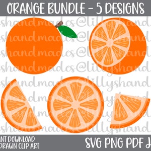 Puede incluir: Un conjunto de cinco ilustraciones de naranjas en varios estilos. Las ilustraciones incluyen una naranja entera, una media naranja y tres rodajas de naranja. Las ilustraciones están dibujadas a mano y tienen un estilo simple y de dibujos animados.