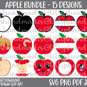 May include: A set of 15 red apple clip art designs in various styles, including a bitten apple, a worm in an apple, a toffee apple, and a smiling apple. The designs are perfect for crafting projects, scrapbooking, and digital design.