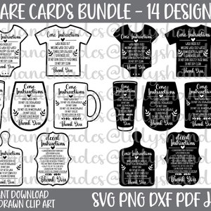 Paquete SVG de tarjetas de cuidado, Instrucciones de cuidado Svg, Tarjeta de cuidado del vaso Svg, Instrucciones de lavado Svg, Instrucciones de calcomanías Svg, Cuidado de la camisa Svg