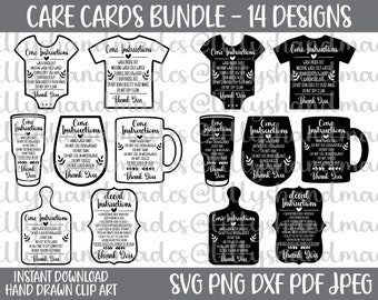 Paquete de tarjetas de cuidado en formato SVG, instrucciones de cuidado en formato SVG, instrucciones de lavado para vasos, tazas y camisas, instrucciones para calcomanías, tarjeta de cuidado imprimible en formato SVG y PNG.