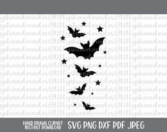 May include: A black graphic design featuring five silhouettes of bats in various sizes and flight positions, interspersed with eight small five-pointed stars. The text "lillyshandmades" is repeated in the background, with "HAND DRAWN CLIPART INSTANT DOWNLOAD SVG PNG DXF PDF JPEG" at the bottom.
