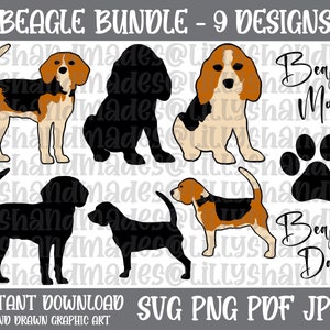Puede incluir: Un conjunto de nueve ilustraciones digitales de perros Beagle en blanco y negro para descargar. El conjunto incluye una mamá Beagle, un papá Beagle, una huella de pata y seis siluetas de Beagle diferentes. El texto "Beagle Mom" y "Beagle Dad" está incluido en el diseño.
