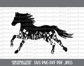 Floral Horse SVG Files, Horse Girl Silhouette, Equestrian PNG