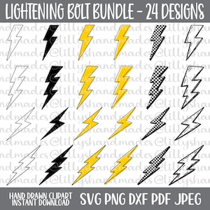 Puede incluir: Un conjunto de 24 diseños de rayos en varios estilos, incluyendo negro sólido, amarillo y patrones de cuadros. El texto en la parte superior dice "LIGHTENING BOLT BUNDLE - 24 DESIGNS". Debajo, se lee "HAND DRAWN CLIPART INSTANT DOWNLOAD SVG PNG DXF PDF JPEG".