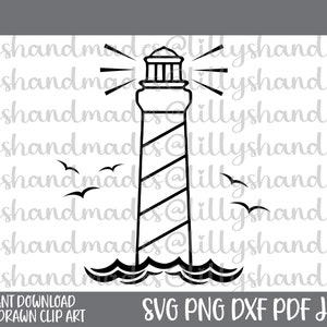 May include: Black and white line art illustration of a lighthouse with a striped tower and a beam of light shining from the top. The lighthouse is in the ocean with waves and three birds flying in the air.