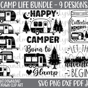 Paquete de camping svg, paquete de svg de camper feliz, vida de campamento svg, clip art de camping, imágenes prediseñadas de camping, camper png, RV svg, camping png, glamping svg