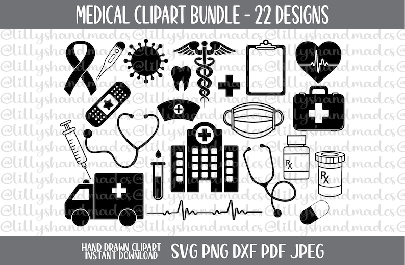 Puede incluir: Un paquete de clipart en blanco y negro de 22 dise&ntilde;os m&eacute;dicos. Los dise&ntilde;os incluyen un estetoscopio, un edificio de hospital, un botiqu&iacute;n de primeros auxilios, un term&oacute;metro, una venda, un frasco de pastillas, un monitor de ritmo card&iacute;aco, un s&iacute;mbolo m&eacute;dico, un gorro de enfermera, una mascarilla facial, una jeringa, una ambulancia y un s&iacute;mbolo de coronavirus.