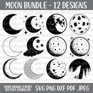 Bundle Svg lune, lune Png, croissant de lune Svg, croissant de lune Png, pleine lune Svg, lune avec étoiles Svg, lune mandala Svg, clipart lune Svg loup