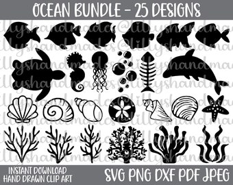Sea Clipart SVG Bundle, Ocean, Sea Turtle, Jellyfish, Starfish, Fish Bones, Seashell, Seahorse, Dolphin