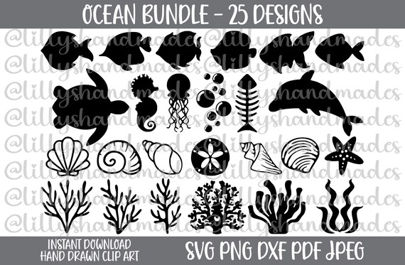 Sea Clipart Svg Bundle, Ocean Clipart, Sea Turtle Svg, Jellyfish Svg, Starfish Svg, Fish Bones Svg, Seashell Svg, Seahorse Svg, Dolphin Svg