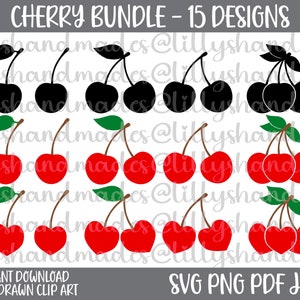 May include: A set of 15 digital clipart images of cherries in various styles. The cherries are red, black, and green. The images are perfect for crafting, scrapbooking, and other creative projects.