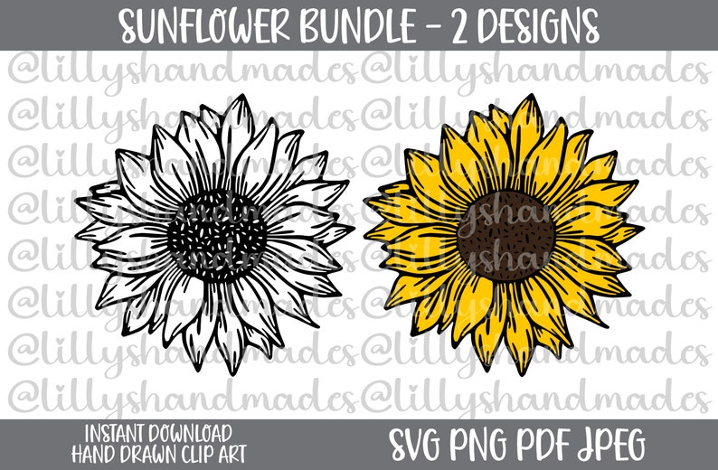 May include: A digital download bundle of two hand-drawn sunflower illustrations. One sunflower is black and white, and the other is yellow with a brown center.