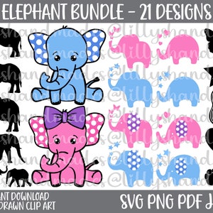 May include: An assortment of elephant-themed digital designs. Includes black elephant silhouettes, blue and pink elephants with polka dot ears, butterflies, stars, and hearts. Text reads "ELEPHANT BUNDLE - 21 DESIGNS" and "INSTANT DOWNLOAD HAND DRAWN CLIP ART".