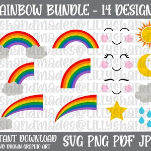 Paquete arco iris svg, arco iris png, arco iris clipart, arco iris vector, sol svg, nube svg, gotas de lluvia svg, estrella svg, sol png, nube png, lluvia svg