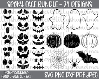 Pumpkin Face Svg, Ghost Face Svg, Halloween Svg Bundle, Ghost Clipart Cute Ghost Svg, Halloween Bundle Svg, Spider Web Svg Halloween Bat Svg