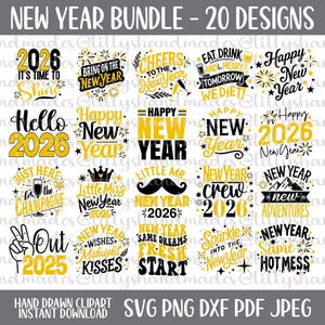 May include: A collection of 20 New Year-themed designs in black and gold. The designs include phrases like "Happy New Year," "2026," and "Cheers to the New Year." The image also includes the text "Hand Drawn Clipart" and file type options.