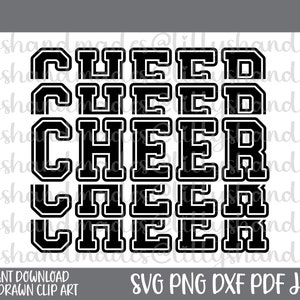 May include: A black and white graphic design featuring the word "CHEER" repeated five times in a bold, collegiate style font. The design also includes the text "INSTANT DOWNLOAD HAND DRAWN CLIP ART" and file type options.