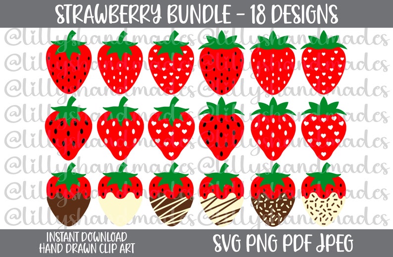 Puede incluir: Un gr&aacute;fico digital con 18 dise&ntilde;os de fresas. Las fresas son rojas con copas verdes, algunas con semillas negras y otras con semillas blancas en forma de coraz&oacute;n. Algunas fresas est&aacute;n ba&ntilde;adas en chocolate. Texto: "STRAWBERRY BUNDLE - 18 DESIGNS".