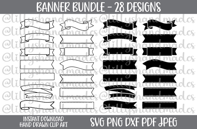 Puede incluir: Un conjunto de 28 dise&ntilde;os de pancartas en blanco y negro. Las pancartas son de varias formas y tama&ntilde;os, incluyendo curvas, rectas y rectangulares. El texto "BANNER BUNDLE - 28 DESIGNS" est&aacute; en la parte superior de la imagen. El texto "INSTANT DOWNLOAD HAND DRAWN CLIP ART" est&aacute; en la parte inferior izquierda de la imagen. El texto "SVG PNG DXF PDF JPEG" est&aacute; en la parte inferior derecha de la imagen.