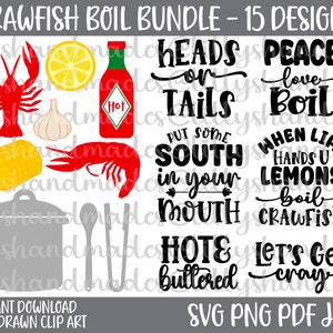 May include: A digital design bundle featuring crawfish boil-themed graphics and text. Includes illustrations of crawfish, lemon slices, garlic, corn, and a hot sauce bottle. Text includes phrases like "Heads or Tails" and "When life hands you lemons, boil crawfish."